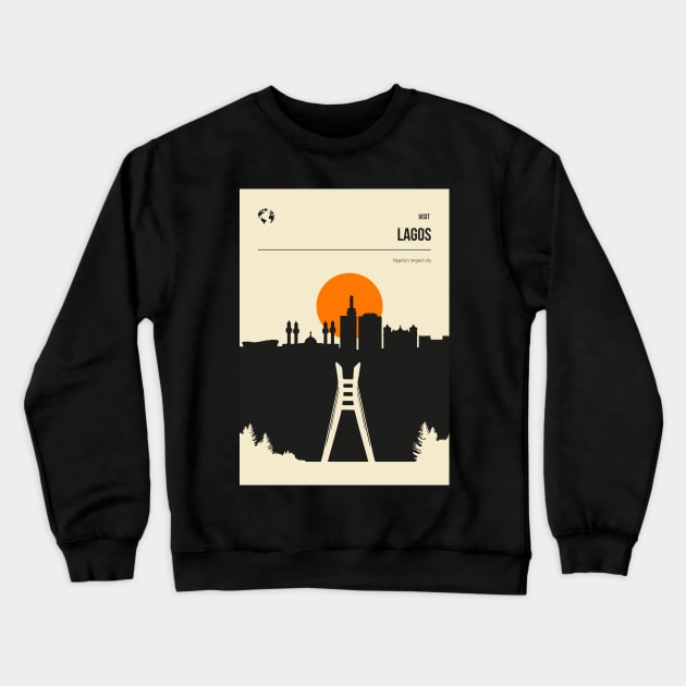 Lagos Nigeria Vintage Book Cover Skyline Travel Poster Crewneck Sweatshirt by jornvanhezik